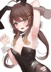 Rule 34 | 1girl, absurdres, animal ears, arm up, armpits, black pantyhose, bread hair ornament, brown eyes, brown hair, detached collar, hair ornament, hairclip, highres, holding another&#039;s arm, indie virtual youtuber, leotard, low twintails, pan (vtuber), pan the bread, pantyhose, playboy bunny, rabbit ears, ravenpulse, shaking, sweat, sweatdrop, torn clothes, torn pantyhose, twintails, wrist cuffs