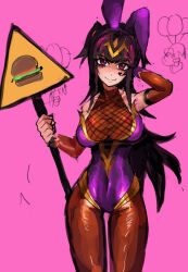 Rule 34 | 1girl, animal ears, bare shoulders, bodystocking, breasts, brown pantyhose, closed mouth, covered collarbone, covered navel, detached sleeves, fire emblem, fire emblem awakening, head tilt, highres, holding, holding sign, large breasts, leotard, long hair, looking at viewer, nintendo, pantyhose, pink eyes, playboy bunny, purple eyes, purple leotard, rabbit ears, road sign, saiykik, shaded face, sign, smile, solo, strapless, strapless leotard, tharja (fire emblem), thighs, unfinished, upper body, very long hair