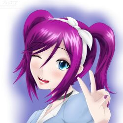 Rule 34 | 1girl, artist name, black choker, blue background, blue eyes, blue shirt, blush, choker, commentary, english commentary, freckles, gradient background, hair ribbon, hairband, highres, indie virtual youtuber, juno (vtuber), one eye closed, open mouth, portrait, purple hair, ribbon, shirt, short hair, short twintails, sidelocks, smile, solo, twintails, two side up, v, vezuki, virtual youtuber, watermark, web address, white background, white hairband, white ribbon, white shirt