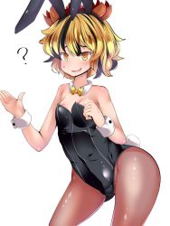 Rule 34 | 1girl, ?, animal ears, blonde hair, blush, bow, bowtie, rabbit ears, rabbit tail, playboy bunny, cameltoe, detached collar, doku corne, fake animal ears, female focus, highres, leotard, multicolored hair, nervous smile, nipples, open mouth, pantyhose, short hair, simple background, smile, solo, strapless, strapless leotard, sweat, tail, toramaru shou, touhou, white background, wide hips