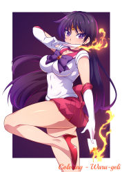 Rule 34 | 1girl, artist name, back bow, bare legs, between fingers, bishoujo senshi sailor moon, black hair, border, bow, bowtie, breasts, brooch, burning, closed mouth, colorized, commentary, covered navel, earrings, elbow gloves, english commentary, engrish commentary, forehead jewel, from side, gloves, high heels, highres, hino rei, holding, jewelry, large breasts, leg up, legs, long hair, looking at viewer, medium breasts, microskirt, mouth hold, outside border, pleated skirt, purple eyes, red bow, red footwear, red sailor collar, red skirt, reference work request, sailor collar, sailor mars, sailor senshi, sailor senshi uniform, skirt, smile, solo, third-party edit, tsurime, upskirt, very long hair, waru-geli, watermark, white border, white gloves