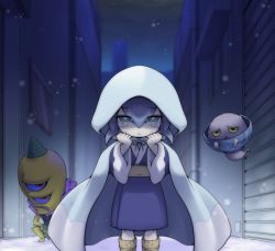 Rule 34 | 1girl, 2boys, alley, amanojaku (youkai watch), angry, blue hair, bowl, child, cold, demon boy, food, frown, hood, hoodie, multiple boys, night, night sky, no humans, nollety, oni, outdoors, rice bowl, sky, snow, urayameshi, youkai watch, youkai watch 2, yukionna (youkai watch)