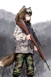 Rule 34 | 1girl, absurdres, animal ears, brown eyes, brown hair, fox ears, fox girl, fox girl (yihan1949), fox tail, goggles, goggles on head, gun, highres, holding, holding weapon, military uniform, original, ponytail, rifle, scope, sniper rifle, solo, tail, uniform, weapon, winter, yihan1949