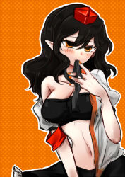 Rule 34 | 1girl, bandeau, bare shoulders, black hair, blush, breasts, cleavage, female focus, hat, large breasts, long hair, looking at viewer, moryu, mouth hold, navel, open clothes, open shirt, orange eyes, pointy ears, red eyes, ribbon, ribbon in mouth, shameimaru aya, shirt, short sleeves, skirt, solo, swimsuit, tokin hat, touhou