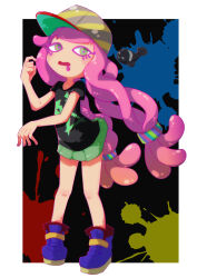 Rule 34 | 1girl, absurdres, afuron, baseball cap, black shirt, blue footwear, blunt bangs, blush, boots, border, chromatic aberration, drooling, female focus, fish, flat chest, full body, green eyes, green skirt, hair tie, hand up, harmony&#039;s clownfish (splatoon), harmony (splatoon), hat, highres, legs, light blush, long hair, looking at viewer, low-tied long hair, miniskirt, multicolored background, multicolored clothes, multicolored headwear, nintendo, open mouth, outside border, pink hair, pleated skirt, shirt, short sleeves, sidelocks, skirt, solo focus, splatoon (series), splatoon 3, splatter background, standing, striped clothes, striped headwear, tentacle hair, tentacles, thighs, twintails, very long hair, white border