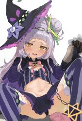 Rule 34 | 1girl, arched bangs, black capelet, black panties, blunt bangs, blush, bow, breasts, brooch, capelet, cropped shirt, grey hair, hair bun, hat, highres, holding, holding shoes, hololive, jewelry, long hair, long sleeves, looking at viewer, murasaki shion, murasaki shion (1st costume), navel, open mouth, panties, pinstripe pattern, pinstripe shirt, shirt, shizuku shi a, shoes, short eyebrows, simple background, single side bun, skirt, small breasts, solo, star brooch, striped clothes, striped shirt, thighhighs, tilted headwear, underwear, upskirt, vertical-striped clothes, virtual youtuber, white background, witch hat, yellow eyes