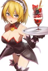 Rule 34 | 1girl, absurdres, aged up, bare shoulders, black dress, black gloves, black thighhighs, blonde hair, blush, breasts, cleavage, collarbone, commentary request, cowboy shot, detached collar, detached sleeves, dress, glaring, glass, gloves, hair between eyes, heart, highres, higurashi no naku koro ni, hiragi sage, holding, holding tray, houjou satoko, large breasts, looking at viewer, maid, nose blush, panties, panty peek, parfait, parted lips, purple eyes, short hair, solo, thighhighs, tray, underwear