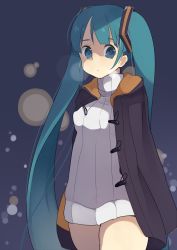 Rule 34 | 1girl, ahoge, aqua hair, coat, contemporary, dress, green eyes, hatsune miku, long hair, ribbed sweater, rupia, solo, standing, sweater, sweater dress, turtleneck, twintails, very long hair, vocaloid