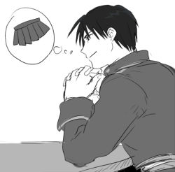Rule 34 | 1boy, black eyes, black hair, black theme, elbows on table, fullmetal alchemist, grey theme, greyscale, grin, interlocked fingers, looking away, lowres, male focus, monochrome, riru, roy mustang, short hair, simple background, skirt, smile, solo, table, thinking, thought bubble, uniform, white background, white theme