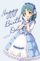 Rule 34 | 1girl, :d, blue background, blue bow, blue dress, blue flower, blue hair, blue ribbon, blue rose, blush, bow, center frills, cross-laced clothes, dated, dress, flower, frilled dress, frilled gloves, frilled sleeves, frills, gloves, hair flower, hair ornament, hairband, hands up, happy birthday, highres, idolmaster, idolmaster million live!, lolita hairband, looking at viewer, open mouth, own hands together, parted bangs, red eyes, ribbon, rose, short sleeves, smile, solo, suke (momijigari), tokugawa matsuri
