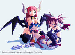 Rule 34 | 00s, 1boy, 2girls, :&gt;, bat wings, breast rest, breasts, breasts on head, cleavage, demon girl, disgaea, elbow gloves, etna (disgaea), gloves, horns, laharl, makai senki disgaea, miniskirt, multiple girls, pointy ears, red hair, revealing clothes, skirt, succubus (disgaea), sword, thighhighs, twintails, weapon, wings