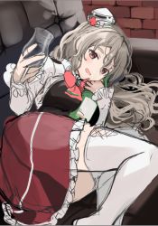 Rule 34 | 1girl, bow, bowtie, breasts, brown eyes, couch, cup, drinking glass, frilled skirt, frills, grey hair, hat, kantai collection, large breasts, looking at viewer, lying, mini hat, miniskirt, on side, pola (kancolle), red skirt, shirt, skirt, solo, thick eyebrows, thighhighs, tilted headwear, wavy hair, white shirt, white thighhighs, wine glass, yunamaro