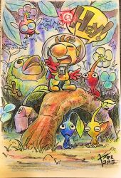 Rule 34 | 1boy, alien, backpack, bag, beak, big nose, bird, blue pikmin, blush, brown hair, bud, buttons, chicken, closed eyes, clover, english text, flower, gloves, grass, helmet, hey! pikmin, highres, leaf, mockiwi, nintendo, olimar, open mouth, pikmin (series), pointy ears, purple flower, radio antenna, red bag, red gloves, red light, red pikmin, rock pikmin, roots, short hair, signature, sitting, space helmet, spacesuit, speech bubble, standing, teeth, traditional media, tree, upper teeth only, very short hair, whistle, white flower, winged pikmin, yamato koara, yellow pikmin