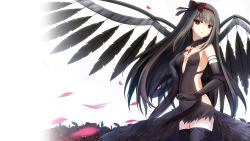 Rule 34 | 10s, 1girl, akemi homura, akuma homura, argyle, argyle clothes, argyle legwear, bare shoulders, black gloves, black hair, black scarf, black wings, bow, choker, dress, elbow gloves, feathered wings, flower, gloves, hair bow, hand on own chest, long hair, looking at viewer, mahou shoujo madoka magica, mahou shoujo madoka magica: hangyaku no monogatari, petals, red eyes, red flower, red rose, rods, rose, scarf, simple background, solo, spoilers, thighhighs, white background, wings, zettai ryouiki