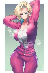Rule 34 | 1girl, android 18, arms behind head, blonde hair, blue eyes, breasts, cleavage, dragon ball, dragon ball super, heavy breathing, jacket, large breasts, ommmyoh, open clothes, open jacket, shirt, short hair, solo, steam, sweat, t-shirt, track suit