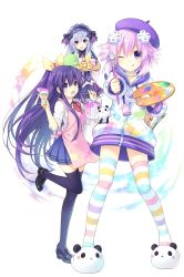 Rule 34 | 10s, 3girls, animal slippers, apron, artist self-insert, beret, black legwear, bow, choker, d-pad, date a live, dress, fairy fencer f, frills, hair bow, hair ornament, hairband, hat, highres, jewelry, lolita hairband, long hair, multicolored clothes, multicolored legwear, multiple girls, neptune (neptunia), neptune (series), open mouth, paint, paint can, paintbrush, palette (object), parka, ponytail, purple eyes, purple hair, red eyes, ribbon, shakeko (neptunia), short hair, skirt, slippers, smile, striped clothes, striped legwear, striped thighhighs, tea set, thighhighs, tiara (fairy fencer f), tsunako, white hair, yatogami tooka