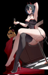 Rule 34 | 1girl, absurdres, alcohol, arm up, armpits, arms behind head, ass, ass press, azur lane, bar stool, black hair, black thighhighs, breasts, champagne, choker, cleavage, commentary, crossed legs, cup, english commentary, from below, glass, hair ornament, high heels, highres, holding, holding cup, horns, kanon (sinto), large breasts, looking at viewer, manjuu (azur lane), nail polish, one-piece swimsuit, piercing, shiny skin, short hair, single thighhigh, sitting, stool, swimsuit, thighhighs, toes, tongue, tongue out, tongue piercing, ulrich von hutten (azur lane), yellow eyes