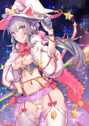 Rule 34 | 1girl, :p, animal ears, breasts, broom, cat ears, cleavage, covered erect nipples, garter belt, garter straps, gloves, grey gloves, grey hair, hat, long hair, looking at viewer, medium breasts, navel, original, ponytail, purple eyes, smile, solo, tajima ryuushi, thighhighs, tongue, tongue out, white thighhighs, witch, witch hat