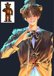 Rule 34 | 1boy, backlighting, black background, black bow, black bowtie, black eyes, black jacket, bow, bowtie, brown hair, collared shirt, five nights at freddy&#039;s, freddy fazbear, hand up, highres, holding, holding microphone, jacket, looking at viewer, male focus, microphone, microphone stand, mole, mole under each eye, mole under eye, multiple moles, parted lips, personification, shirt, simple background, smile, solo, sycisycii, upper body, white shirt