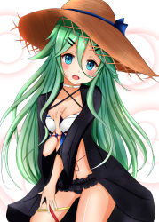 Rule 34 | 1girl, absurdres, adapted costume, armlet, between breasts, bikini, black bikini, blue ribbon, breasts, cleavage, furisode, green hair, hair between eyes, hair flaps, hair ornament, hairclip, hat, highres, japanese clothes, kantai collection, kimono, long hair, looking at viewer, medium breasts, minato 1690, open mouth, ponytail, ribbon, smile, solo, straw hat, sun hat, swimsuit, yamakaze (kancolle)