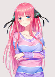 Rule 34 | 1girl, black ribbon, blouse, blue eyes, blunt bangs, blush, breasts, butterfly hair ornament, closed mouth, collarbone, crossed arms, frown, go-toubun no hanayome, grey background, hair ornament, hair ribbon, highres, large breasts, long hair, long sleeves, looking at viewer, medium breasts, nakano nino, pink hair, piripun, red hair, ribbon, shirt, simple background, solo, standing, striped clothes, striped shirt, upper body, very long hair