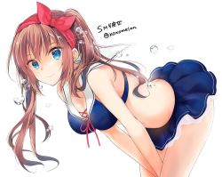 Rule 34 | 1girl, bent over, between legs, bikini, bikini skirt, blue bikini, breasts, brown hair, from side, hair ribbon, hairband, hand between legs, long hair, looking at viewer, medium breasts, original, peke (xoxopeke), red ribbon, ribbon, sailor bikini, sailor collar, smile, solo, swimsuit, translation request, twintails, twitter banner, water drop, white background, white sailor collar
