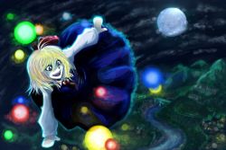 Rule 34 | 1girl, blonde hair, danmaku, embodiment of scarlet devil, female focus, full moon, hair ribbon, landscape, moon, necktie, outstretched arms, red eyes, ribbon, rumia, short hair, solo, spread arms, touhou