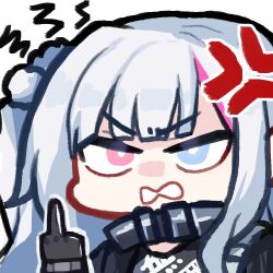 Rule 34 | 1girl, anger vein, angry, black gloves, blue eyes, chibi, commentary request, girls&#039; frontline, girls&#039; frontline neural cloud, gloves, hair bobbles, hair ornament, heterochromia, kuro (neural cloud), long hair, looking at viewer, mdr (girls&#039; frontline), middle finger, one side up, open mouth, pink eyes, simple background, solo, white background, white hair, yanggaengwang