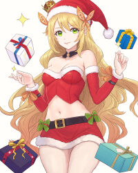 1girl absurdres alternate_costume bare_shoulders belt black_belt black_choker blonde_hair bow box breasts celine_(fire_emblem) choker christmas commentary cowboy_shot crop_top crown detached_sleeves english_commentary fire_emblem fire_emblem_engage gift gift_box green_bow green_eyes hat highres long_hair long_sleeves looking_at_viewer microskirt midriff mini_crown navel nintendo red_hat red_shirt red_skirt santa_hat shirt skirt skirt_set smile solo standing stomach strapless strapless_shirt thighs truejekart very_long_hair white_background