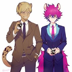 Rule 34 | 2boys, alternate costume, animal ears, blonde hair, business suit, closed eyes, coffee, formal, glasses, gradient hair, male focus, multicolored hair, multiple boys, necktie, pink hair, purple hair, rikao (show by rock!!), rom (show by rock!!), sebychu, show by rock!!, suit, tail