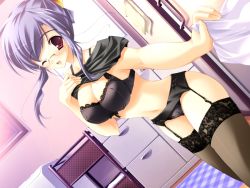 Rule 34 | 1girl, black bra, black panties, blue hair, blush, bow, bow bra, bra, breasts, cleavage, clothes lift, dutch angle, game cg, garter belt, glasses, lingerie, mikeou, miraroma, one eye closed, panties, red eyes, shirt lift, solo, thighhighs, underwear, underwear only, wink, yuuki yukie