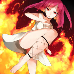 Rule 34 | 1girl, ankle lace-up, bad anatomy, bad feet, bad id, bad pixiv id, barefoot, collarbone, cross-laced footwear, fire, highres, koyubi right, long hair, looking at viewer, magi the labyrinth of magic, morgiana, no panties, poorly drawn, red eyes, red hair, solo