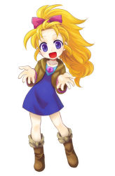 Rule 34 | 1girl, blonde hair, blue eyes, bow, commentary request, dress, final fantasy, final fantasy v, krile mayer baldesion (ff5), long hair, looking at viewer, no s, open mouth, ponytail, simple background, smile, solo, white background