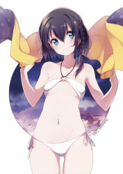 Rule 34 | 1girl, bikini, black hair, blue eyes, blue ribbon, blush, braid, breasts, closed mouth, collarbone, cowboy shot, double exposure, english text, gluteal fold, hair between eyes, hair ribbon, halterneck, head tilt, highres, holding, legs together, looking at viewer, navel, o-ring, o-ring bikini, o-ring top, original, polka dot, ribbon, scarf, short hair with long locks, side-tie bikini bottom, side braid, simple background, small breasts, smile, solo, standing, stomach, swimsuit, tareme, thighhighs, towel, tress ribbon, u35, underboob, white background, white bikini, white ribbon, yellow towel