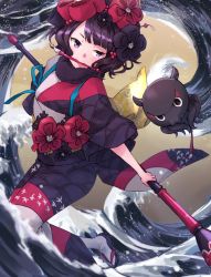 Rule 34 | 1girl, black hair, blue eyes, calligraphy brush, commentary request, fate/grand order, fate (series), flower, giant brush, hair flower, hair ornament, hairpin, japanese clothes, katsushika hokusai (fate), kimono, mouth hold, obi, octopus, paintbrush, purple eyes, sandals, sash, sketch, somechime (sometime1209), waves