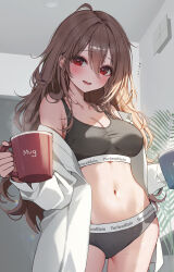 Rule 34 | 1girl, absurdres, bare shoulders, black panties, black sports bra, blush, breasts, brown hair, cleavage, collarbone, commentary request, cowboy shot, cup, hair between eyes, highres, holding, holding cup, indoors, kudou (sikisiki0000), large breasts, long hair, long sleeves, looking at viewer, navel, off shoulder, open clothes, open shirt, original, panties, parted lips, red eyes, shirt, smile, solo, sports bra, stomach, translation request, underwear, white shirt