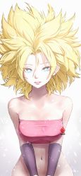 Rule 34 | 1girl, absurdres, bare shoulders, big hair, blonde hair, blue eyes, bottomless, caulifla, collarbone, dragon ball, dragon ball super, highres, kanchiyo, looking at viewer, navel, no pants, out-of-frame censoring, parted lips, pink tubetop, solo, spiked hair, stomach, strapless, super saiyan, super saiyan 1, tube top, upper body, wristband