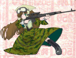 Rule 34 | 00s, 1girl, boots, brown hair, camouflage, dragunov svd, finger on trigger, muzzle device, goggles, green eyes, gun, heterochromia, long hair, military operator, red eyes, rifle, rozen maiden, scope, sniper rifle, solo, suiseiseki, thumbhole stock, very long hair, weapon