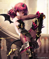 Rule 34 | &gt;:), 10s, 1girl, barefoot, black gloves, black pantyhose, boots, breasts, demon girl, demon tail, demon wings, elbow gloves, feet, fingerless gloves, gloves, horns, leg lift, len (a-7), leotard, pantyhose, pointy ears, railing, red hair, shingeki no bahamut, sideboob, single horn, sitting, small breasts, smirk, solo, tail, thigh boots, thighhighs, toeless legwear, toes, tricky imp, v-shaped eyebrows, watermark, wings, yellow eyes