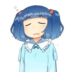 Rule 34 | 1girl, blue hair, blunt bangs, blush, closed eyes, dress, drooling, hair bobbles, hair ornament, kawashiro nitori, long sleeves, monosenbei, mouth drool, no headgear, no headwear, open mouth, shirt, simple background, sleeping, solo, touhou, twintails, two side up, upper body, white background