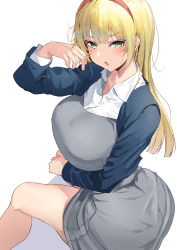 Rule 34 | 1girl, :o, absurdres, alternate breast size, arm under breasts, blonde hair, blouse, blush, breasts, collared shirt, commentary, commentary request, dress, from side, green eyes, grey skirt, hairband, hand up, heanna sumire, highres, large breasts, long hair, looking at viewer, looking to the side, love live!, love live! superstar!!, namazu (yamasonson), open mouth, pinafore dress, red hairband, shirt, simple background, sitting, skirt, sleeveless dress, solo, thighs, white background, white shirt