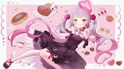Rule 34 | 1girl, :d, absurdres, amana ryuna, angel wings, black dress, black footwear, blush, candy, chocolate, chocolate heart, cup, dress, floating, flower, food, food-themed background, frilled dress, frills, gradient hair, grey hair, hair flower, hair ornament, halo, heart, heterochromia, highres, holding, holding chocolate, holding food, indie virtual youtuber, long hair, looking at viewer, multicolored hair, open mouth, pink hair, red eyes, rose, sample watermark, shoes, short sleeves, single thighhigh, smile, solo, thighhighs, twintails, usanta, very long hair, virtual youtuber, watermark, wings, wrist cuffs, yellow eyes