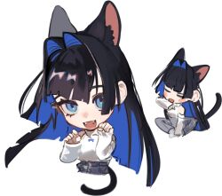 Rule 34 | 1girl, animal ears, black eyeliner, black hair, blue eyes, blue hair, blue pants, blunt bangs, cat ears, cat girl, cat tail, colored inner hair, denim, detached sleeves, eus ing, extra ears, eyelashes, eyeliner, fangs, hololive, hololive english, jeans, licking own arm, long hair, makeup, mascara, multicolored hair, ouro kronii, pants, paw pose, sidelocks, sleeveless, sleeveless sweater, sleeveless turtleneck, solo, sweater, tail, turtleneck, turtleneck sweater, very long hair, virtual youtuber, white sweater