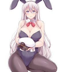 Rule 34 | 1girl, amane hasuhito, animal ears, azur lane, bad id, bad pixiv id, bare shoulders, black pantyhose, breasts, cleavage, commentary request, detached collar, enterprise (azur lane), fake animal ears, large breasts, leotard, long hair, looking at viewer, pantyhose, playboy bunny, purple eyes, rabbit ears, simple background, solo, white background, white hair
