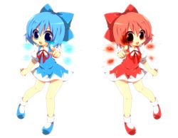 Rule 34 | 2girls, achi cirno, alternate color, alternate element, blue eyes, blue hair, blue plan, bow, cirno, dual persona, fiery wings, fire, hair bow, ice, multiple girls, polar opposites, red eyes, red hair, short hair, symmetry, touhou, wings
