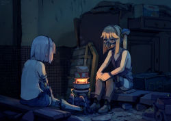Rule 34 | 2girls, android, blonde hair, can, canned food, chinese commentary, commentary request, cooking, cyborg, dark, highres, j.h j.h, mask, mechanical arms, mechanical legs, multiple girls, original, portable stove, ruins, short hair, silver hair, single mechanical arm, sitting, steam, twintails
