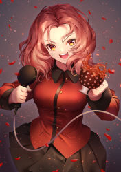 Rule 34 | 1girl, absurdres, black collar, black skirt, collar, collared jacket, cup, girls und panzer, gradient background, highres, holding, holding cup, holding microphone, jacket, long sleeves, looking at viewer, medium hair, microphone, miniskirt, open mouth, petals, pleated skirt, radio, red hair, red jacket, rosehip (girls und panzer), sakurahuji-iro, skirt, solo, spilling, st. gloriana&#039;s military uniform, tea, teacup, v-shaped eyebrows, wavy hair, yellow eyes