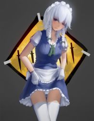 Rule 34 | 1girl, blue dress, braid, clothes lift, dress, dress lift, gloves, grey background, hair ribbon, highres, izayoi sakuya, leaning forward, light smile, looking at viewer, maid, maid headdress, narrowed eyes, panties, red eyes, ribbon, short hair, short sleeves, sign, silver hair, simple background, skirt, skirt lift, solo, thighhighs, touhou, twin braids, underwear, upskirt, warning sign, white panties, white thighhighs, xini m