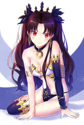 Rule 34 | 1girl, arm support, armlet, asymmetrical legwear, asymmetrical sleeves, bare arms, bare legs, bare shoulders, black detached sleeves, black hair, black panties, black ribbon, black thighhighs, blush, breasts, cleavage, collar, crown, detached sleeves, earrings, fate/grand order, fate (series), female focus, full body, hair ribbon, highres, hoop earrings, ishtar (fate), jewelry, legs, long hair, looking at viewer, medium breasts, midriff, neck, panties, red eyes, revealing clothes, ribbon, shiny skin, single sleeve, single thighhigh, sitting, smile, solo, strapless, thighhighs, thighlet, tohsaka rin, tokikouhime, two side up, type-moon, underwear, uneven legwear, uneven sleeves
