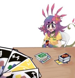 Rule 34 | 1girl, card, chair, colored skin, fang, flower, green skin, hair flower, hair ornament, highres, holding, holding card, league of legends, lizard tail, long hair, multicolored hair, neeko (league of legends), pink flower, pink hair, purple hair, purple skin, riloyoy, shirt, smile, solo, table, tail, two-tone hair, uno (game), white background, yellow shirt